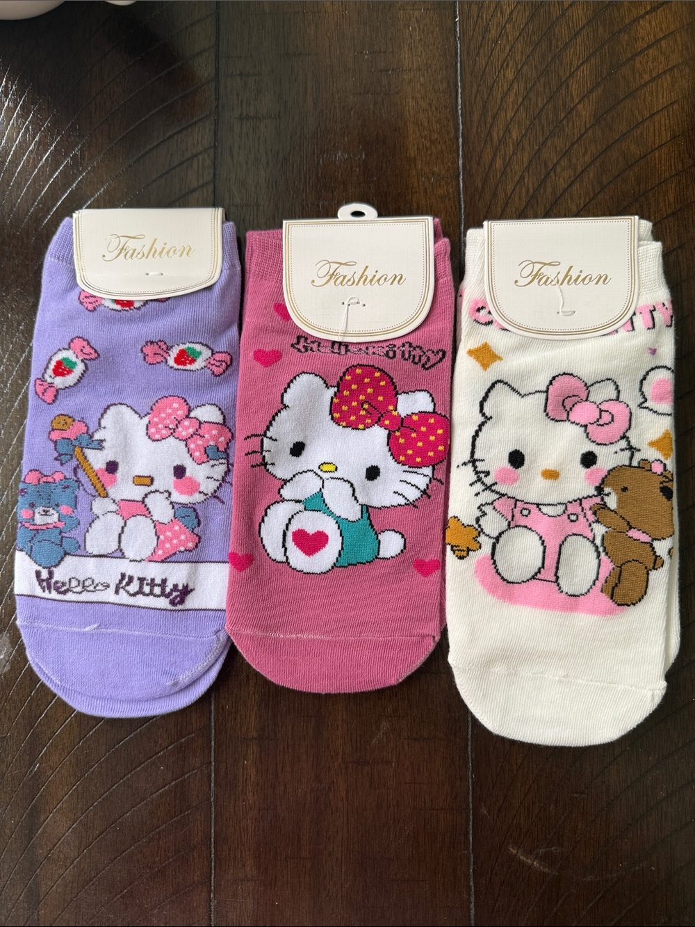 Cat Ankle Socks Trio - Purple, Pink, Cream